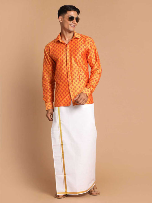 Men's Orange Silk Blend Printed Shirt